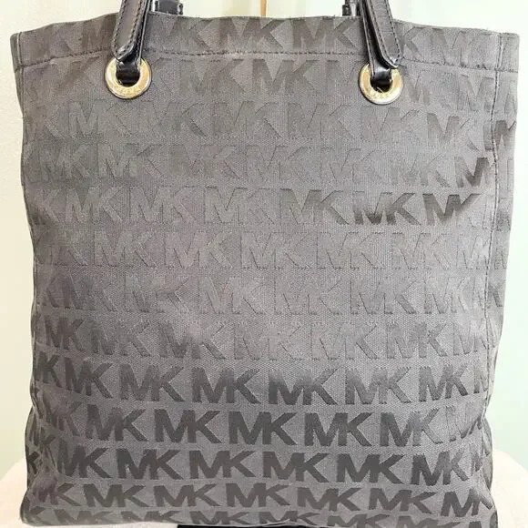 Michael Kors Black Monogram Jet Set Grab Shoulder Tote Bag Large Canvas MK Logo - Picture 3 of 9